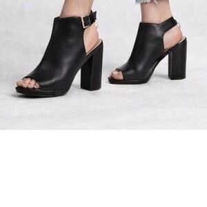 Aldo Women Size 6 Black Leather Slingback Peep Toe Bootie Block Heel Sandals